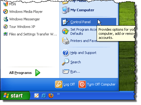 Windows XPでコントロールパネルを開く