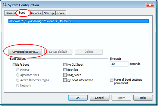 Advanced Options in Windows 7 System Configuration