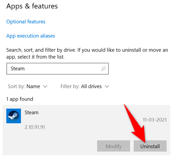 Windows 10でSteamアプリをアンインストールする