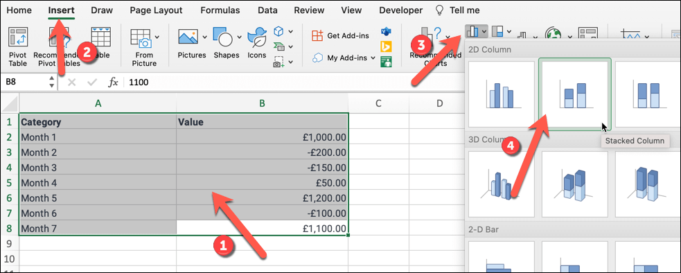 Microsoft Excel でウォーターフォール チャートを作成する方法 画像 6