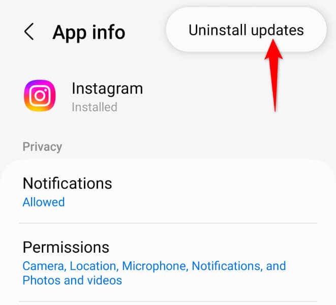 Android で Instagram のアプリアップデートをアンインストールする画像