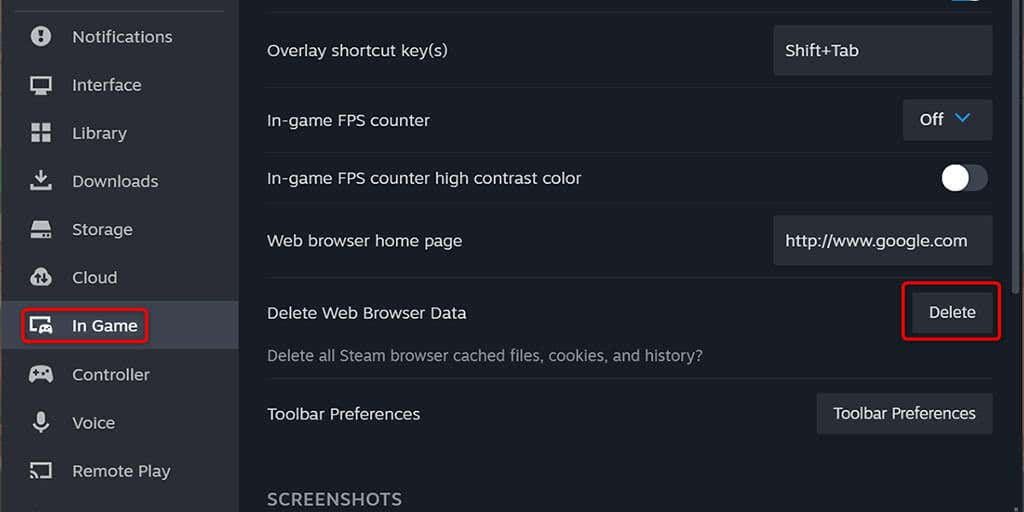 Steam の Web ブラウザ データ イメージを削除する