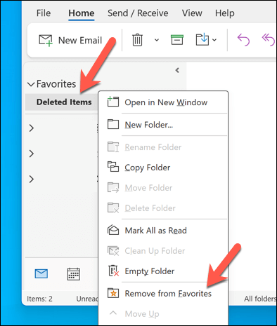 Microsoft Outlook のお気に入りフォルダーを削除する方法 画像 7